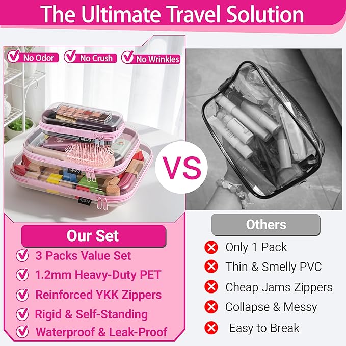 YQBRAO 3 Pack Hard Sided Clear Zipper Case for Storage- Thickened-Grade Clear Hard Shell Zipper Case for Organizing Bead, Han
