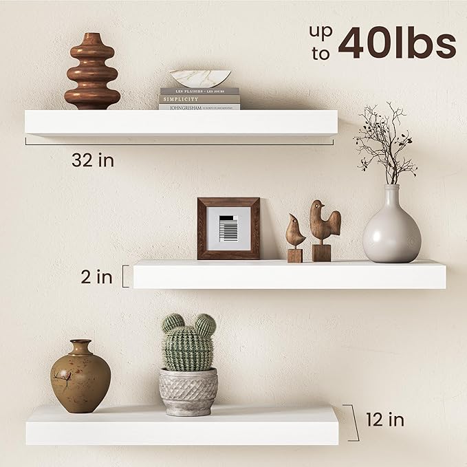 32Inch White Floating Shelves for Wall, 12 Inch Deep Shelves for Bedroom, Kitchen, Bathroom Wall Mounted, Rustic Wood Floatin