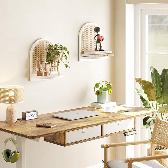 Rattan Shelf Set of 2, 7''White Rattan Shelf with Wicker Decor, Boho Wall Decor Small Floating Shelf for Plant Figurines Disp