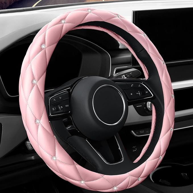 YOGURTCK Cute Diamond Soft Light Pink Leather Anti-Slip Steering Wheel Cover with Bling Bling Crystal Rhinestones, Universal 