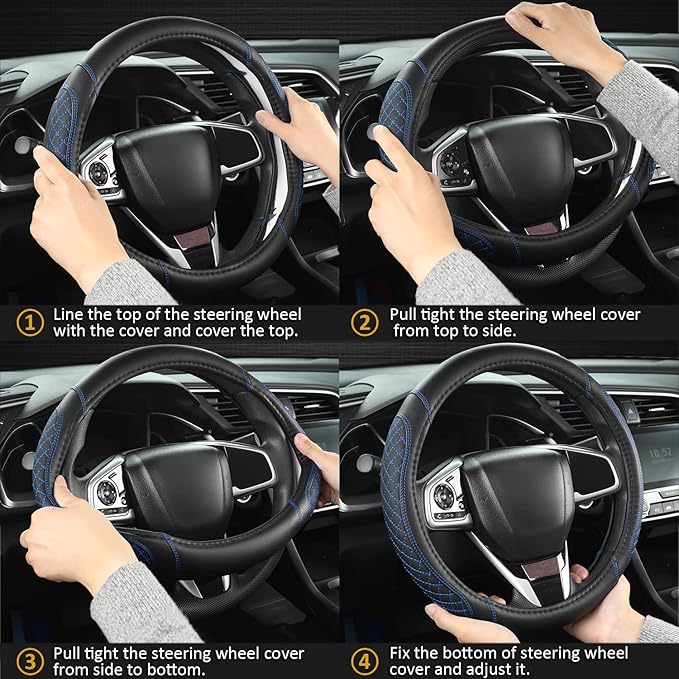 West Llama Customized Auto Car Steering Wheel Cover for Chevy 14.5-15 inches, Steering Wheel Cover for Chevrolet (Black+Blue 
