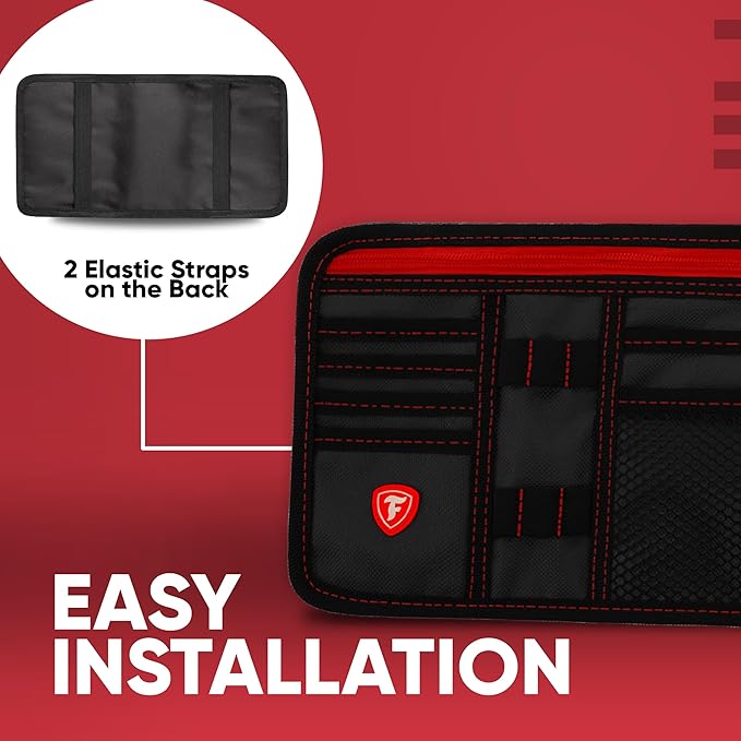 Firestone 1-Pack Car Sun Visor Organizer | 8 Compartment Car & Truck Visor Organizer with Holder & Slots for Sunglasses, License, Registration & More, Black Red