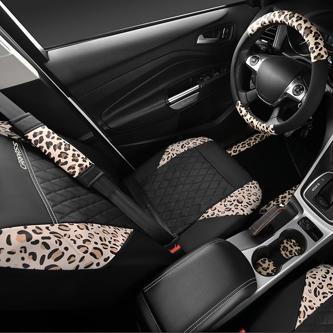 CAR PASS Leopard Print Faux Leather Car Seat Covers & Leopard Car Mats&Leopard Steering Wheel Cover Seat Belt Pad Universal C