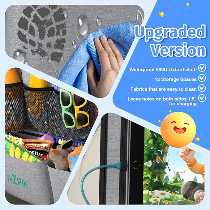 Car Backseat Organizer with Tablet Holder,11 Storage Pockets with Foldable Food Tray, Protector Kick Mats for Kids, Travel Accessories Organizer (Gray, 2-Pack)