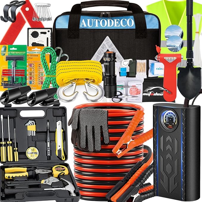 AUTODECO 105 PCS Roadside Car Emergency Assistance Kit with Portable Air Compressor Jumper Cables