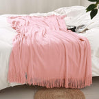 Homiest Decorative Knitted Throw Blanket with Fringe, Lightweight Acrylic Knit, Soft & Cozy Tassel Blanket for Couch, Sofa, B