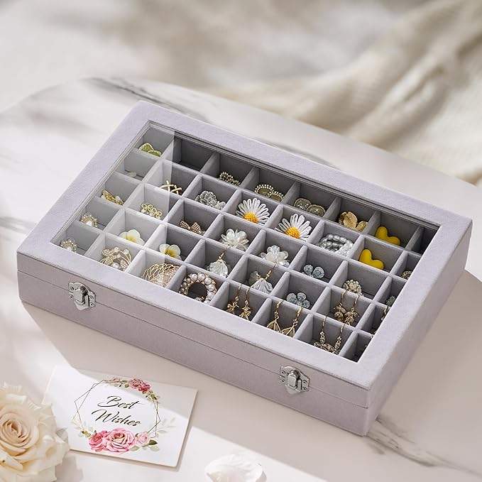 48 Grid Earring Organizer and Storage: Velvet Jewelry Tray with Lid, Jewelry Box for Studs, Earrings, Rings, Necklaces, Dress