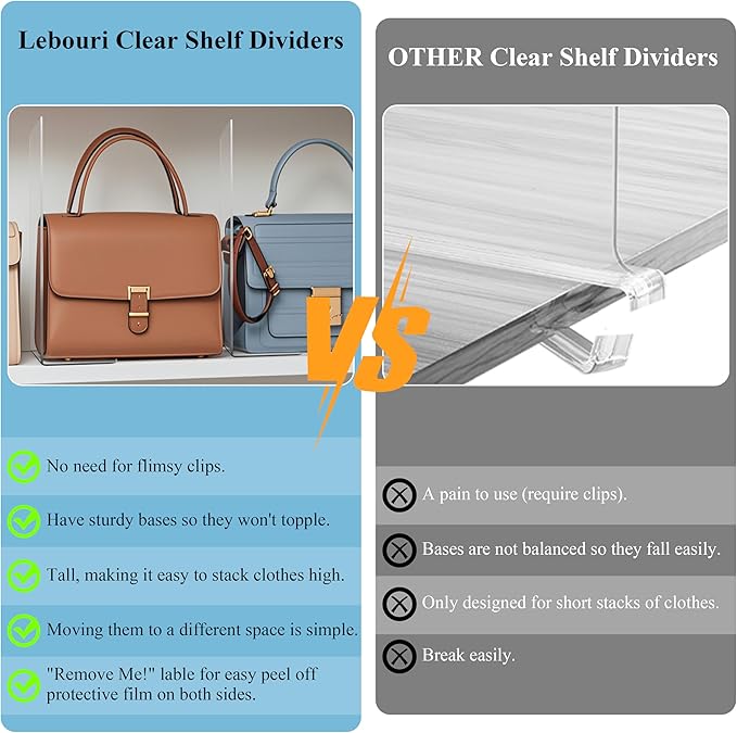 Shelf Dividers for Closet Organization: 12" Tall Acrylic Closet Dividers for Shelves - Clear Free Standing Shelf Separators f