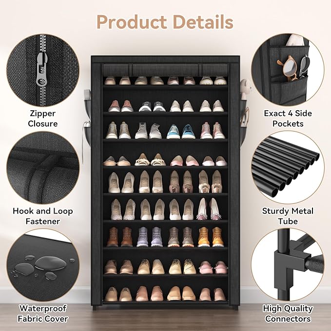 LANTEFUL Shoe Rack with Covers - 10 Tiers Tall Shoe Rack Organizer Large Capacity Shoe Shelf Storage 40 Pairs Space Saving Ve