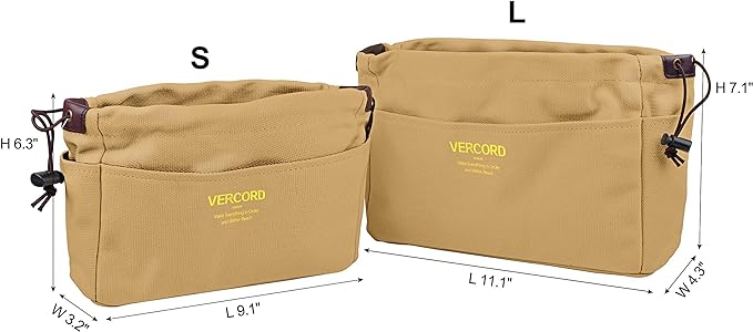 Vercord Canvas Handbag Organizers, Sturdy Purse Insert Organizer Bag in Bag, 10 Pockets Khaki Small