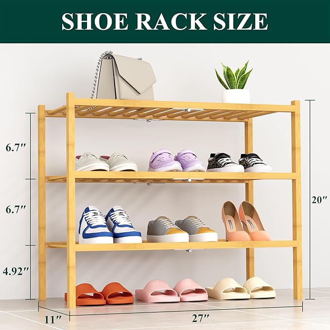 Smiry Shoe Rack, 3 Tier Thick Bamboo Shoe Organizer, Stackable Free Standing Wooden Shoe Storage Shelf for Closet, Entryway, 