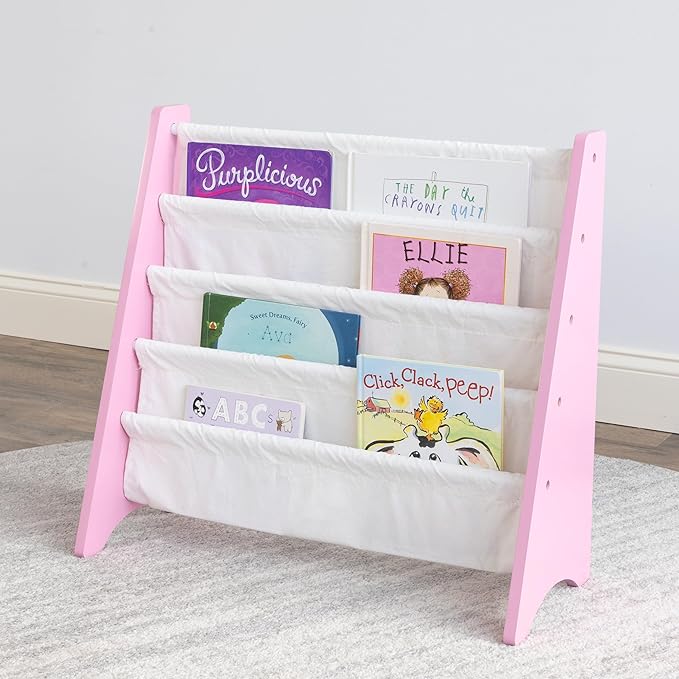 Humble Crew 4-Tier Kids Bookshelf, Pink/White - Premium Book Shelf for Kids Rooms with Four Deep Pockets - Toddler Sling Book