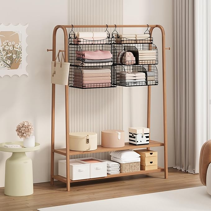 SWTYMIKI Hanging Closet Organizer Storage - 3 Tier Metal Stackable Hanging Closet Shelves with Dividers and S Hooks, Foldable