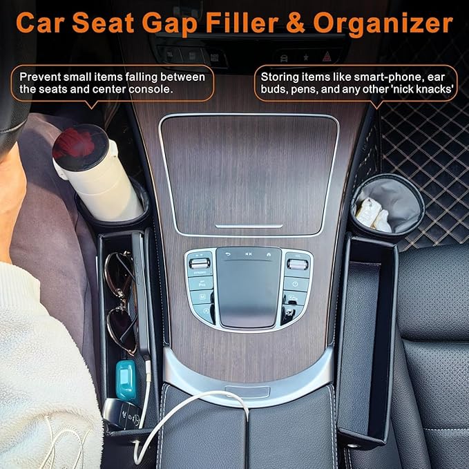 2 Pack Large Capacity Car Seat Gap Filler Organizer with Cup Holder PU Leather Automotive Consoles Storage Box in Between Truck Front Side Seats Catcher for Phone Auto Accessories Gifts for Women Men