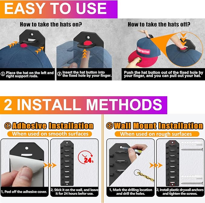 Hat Organizer for Baseball Caps, 2 Pack Hat Rack for Wall, Wall Mounted Adhesive Cap Rack, Hat Holder Hanger Hold Up to 20 Ca