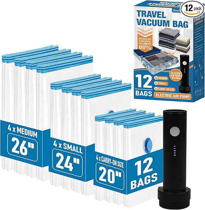 Travel Vacuum Storage Bags with Rechargeable USB Air Pump, Space Saver Vacuum Seal Bags for Luggage, Sealer Compression for C