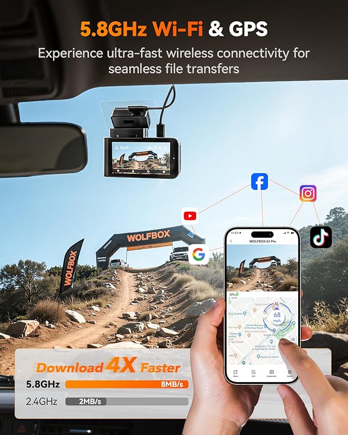 WOLFBOX X3 PRO Dash Cam Front and Rear, Dual STARVIS 2 IMX675, 1440P 60FPS+1440P ADAS Car Camera, EIS Image Stabilization wit
