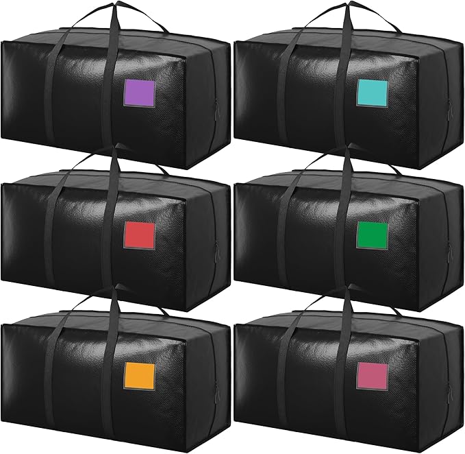 6 Pack Moving Bags with Full-Open Side Zipper, Extra Large 93L Heavy Duty Waterproof Foldable Storage Totes for College Dorm,