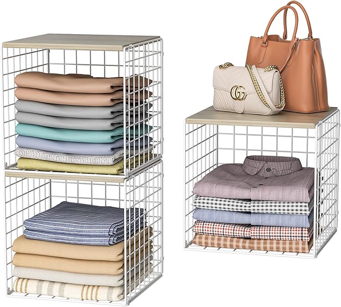 3PCS Stackable Closet Organizers and Storage, Closet Shelves with Wood Top Extra Storage, Clothes Storage Organizer Basket Bi