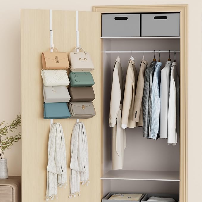 SWTYMIKI Over the Door Purse Organizer - 2 Packs Wall Mounted Purse Rack with 8 Hooks Design, Hanging Handbag Organizer Stora