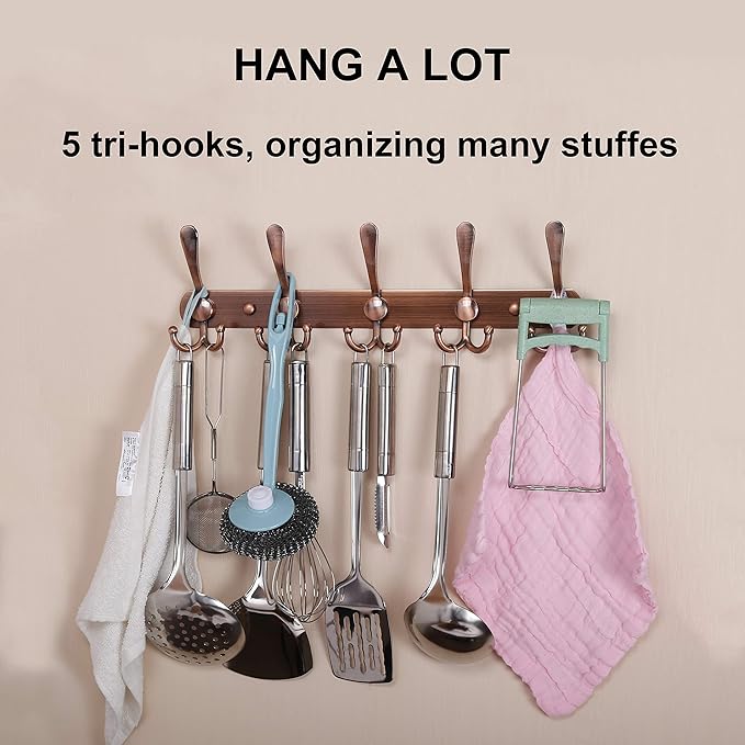 Dseap Coat Rack Wall Mounted - 5 Tri Hooks, Heavy Duty, Stainless Steel, Metal Coat Hook Rail for Coat Hat Towel Purse Robes 
