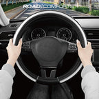 Road Comforts Leather Steering Wheel Cover – Black & Silver, Universal Fit 14.5-15 Inch, Microfiber Leather, Anti-Slip & Brea