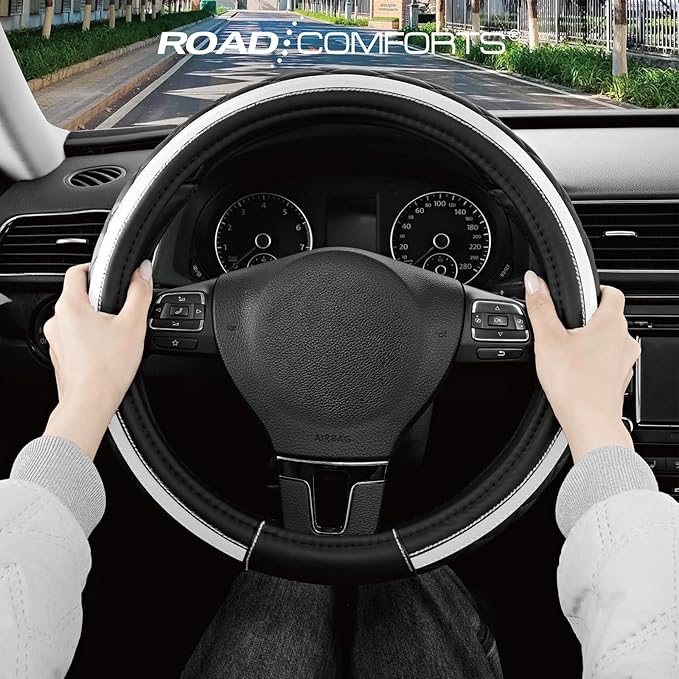Road Comforts Leather Steering Wheel Cover – Black & Silver, Universal Fit 14.5-15 Inch, Microfiber Leather, Anti-Slip & Brea