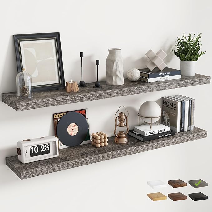 55 Inch Floating Shelves for Wall Set of 2, 8"D Wood Grain Bathroom Shelves with Invisible Brackets, Easy Install Engineered 