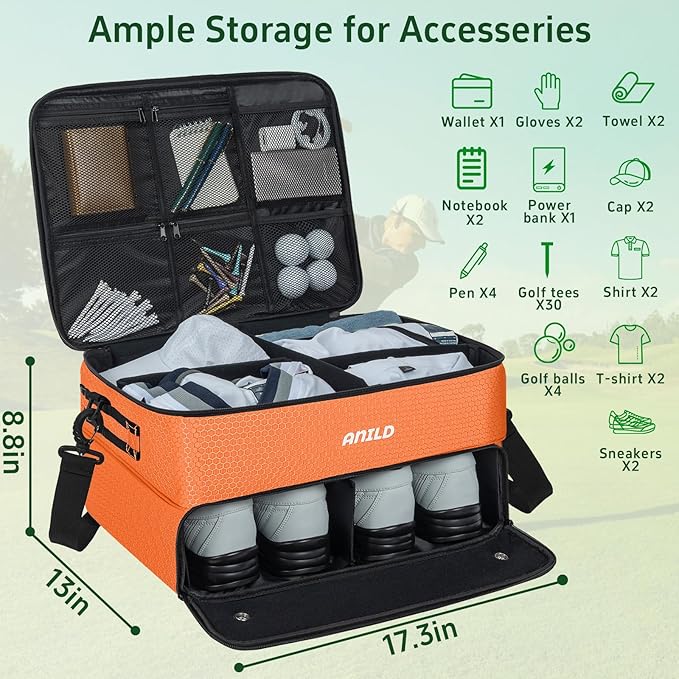 ANILD Golf Trunk Organizer, 2 Layer Golf Storage Case with Separate Ventilated Compartment for 2 Pair Shoes, for Balls, Tees,