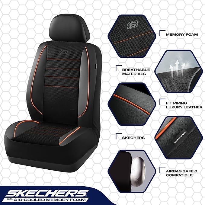 Skechers Air-Cooled Memory Foam Seat Covers,Mesh Thick Car Seat Covers,Piping Leather Car Seat Cover,Airbag Compatible,Automo