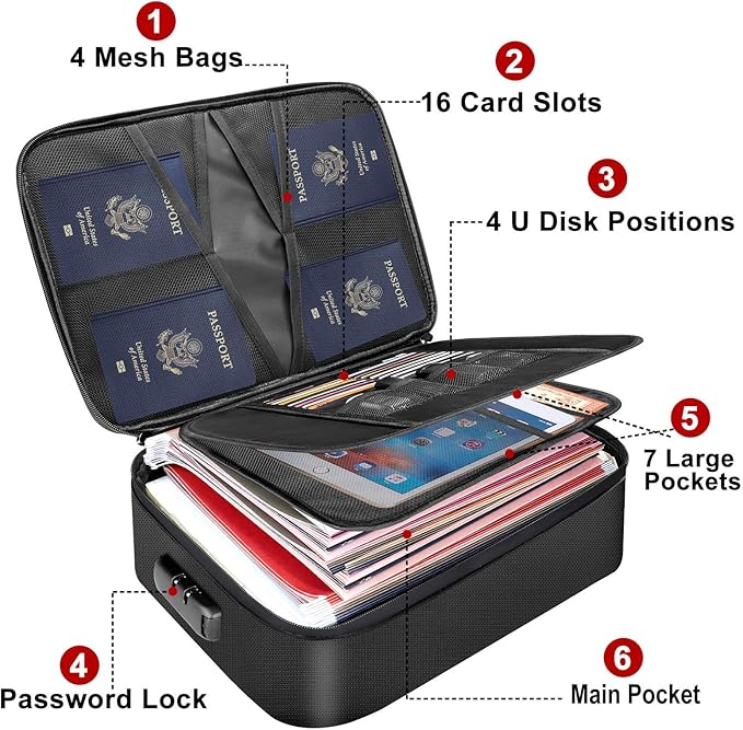 DocSafe Document Bag with Lock,Fireproof 3-Layer File Storage Case with Water-Resistant Zipper,Document Safe Portable Travel 