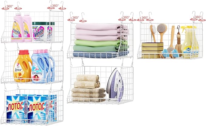 3-Tier Foldable Laundry Basket Organizer with Rotating Hooks - Space-Saving Over Washer and Dryer Shelf for Laundry Room Orga