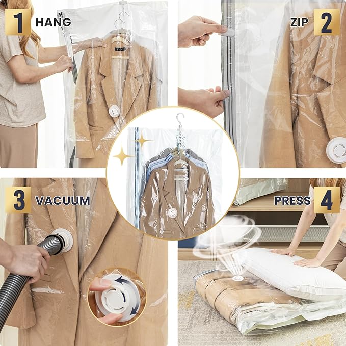 TAILI Hanging Vacuum Sealer Storage Space Saver Bags for Clothing, Suits and Jackets, Closet Organizers, Travel, 6 Pack Jumbo