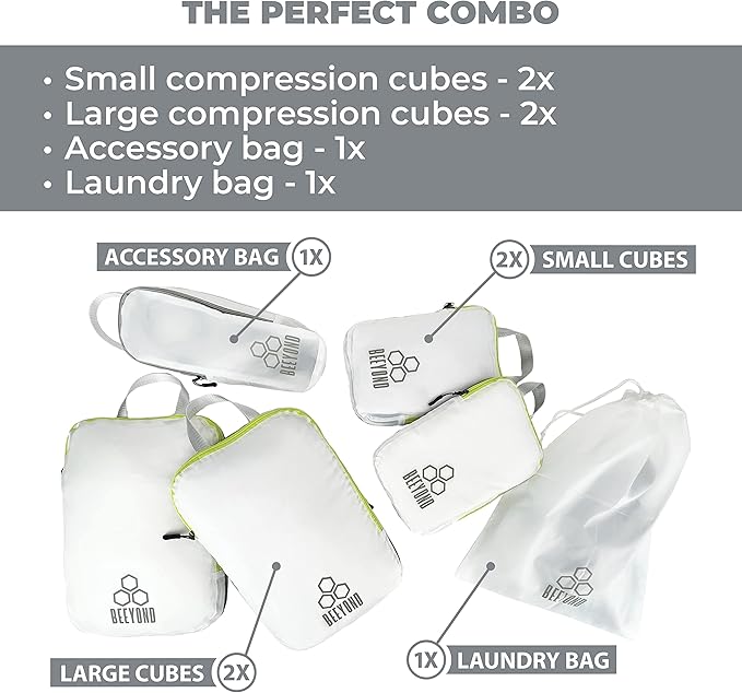 Beeyond Compression Packing Cubes Set - 6 Pieces for Travel and Luggage Organization, Includes Large & Small Cubes, Accessori