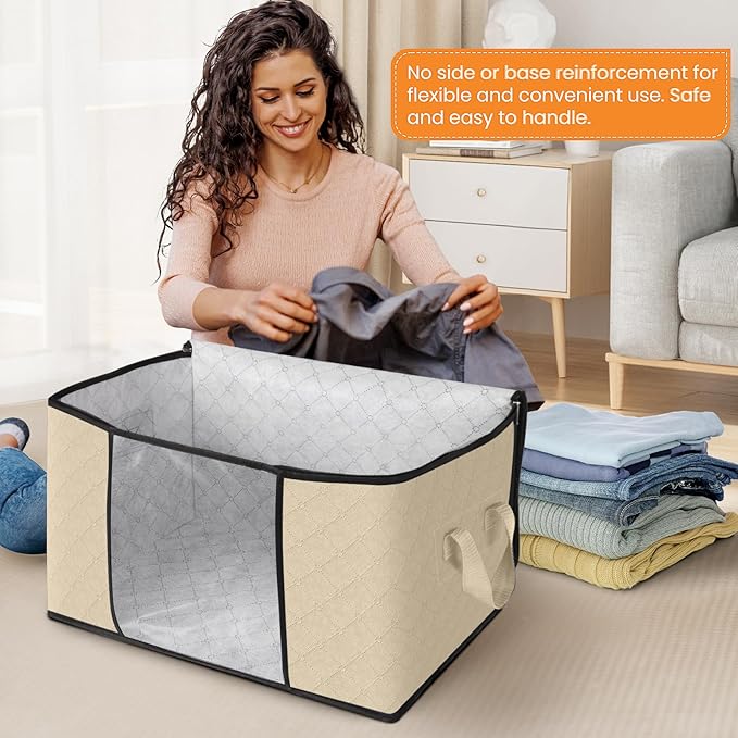 Fab totes 4 Pack Clothes Storage, Foldable Thick Fabric Blanket Storage Bags, Containers for Organizing Bedroom, Closet, Clot