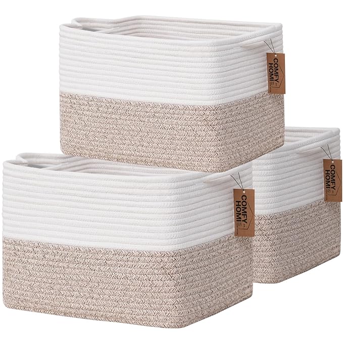 COMFY-HOMI 3-Pack Cotton Rope Woven Basket with Handles for Shelves, Books, Toys, Cloth Storage|Towel Storage|Nursery Baby Ba