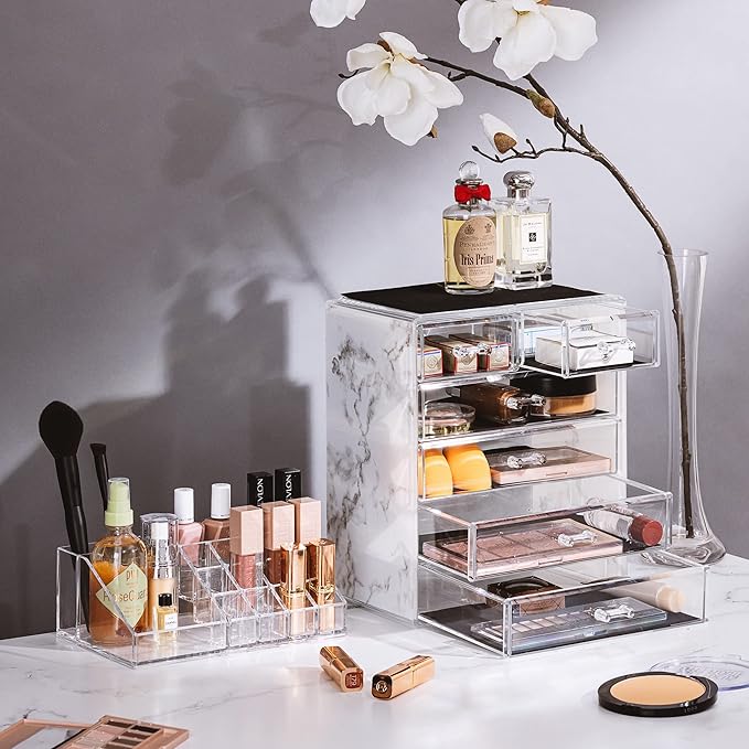 Sorbus Acrylic Makeup Organizer Set, 6-Drawer Vanity & Countertop Cosmetic Storage with Small & Wide Compartments, Marble Pri