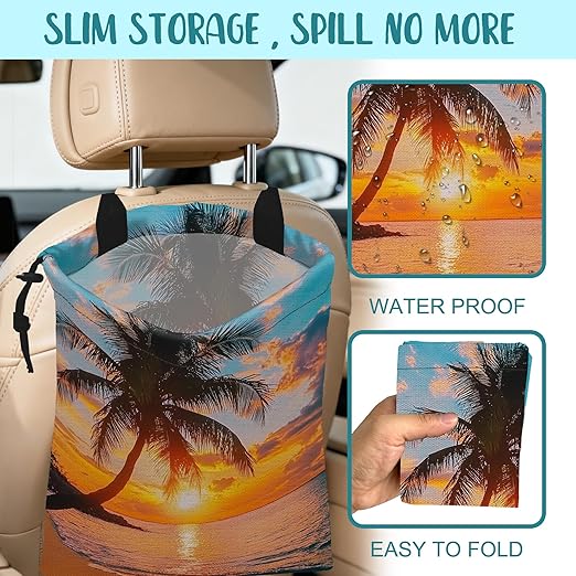 Car Garbage Bag Palm Tree Sunset at a Beach Hanging Canvas Car Trash Bag Drawstring Car Back Seat Organizer for Car Back Front Seat Console with Adjustable Buckle