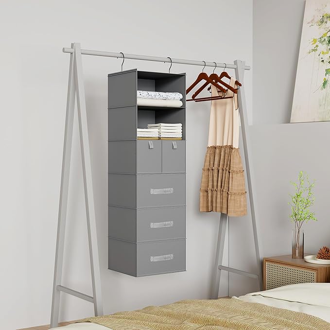 6-Shelves Hanging Closet Organizer with 5 Different Drawers, Foldable Closet Organizers and Storage for Wardrobe, Closet& RV,