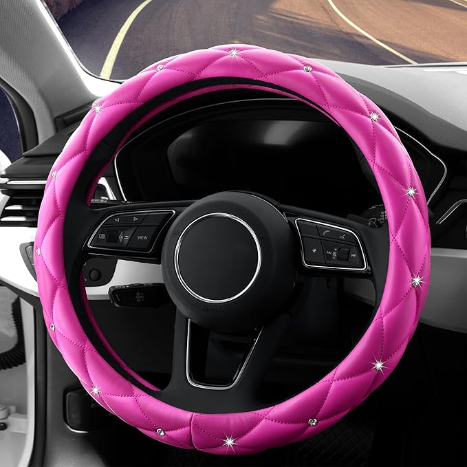 YOGURTCK Cute Diamond Soft Leather Anti-Slip Steering Wheel Cover with Bling Bling Crystal Rhinestones, Universal 15 Inch for