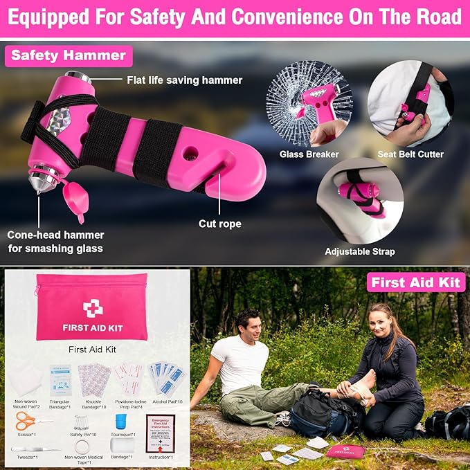 Roadside Emergency Car kit for Vehicles, with 4 in 1 Inflatable Car Vacuum Cleaner, Pink Jumper Cables, First Aid Kit, Tow Ro