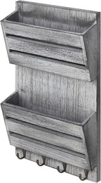 BTY Mail Sorter Wall Mounted, Wooden Mail Holder with 4 Key Hooks, 2 Slot Letter Bills Newspaper Magazine Organizer for Entry