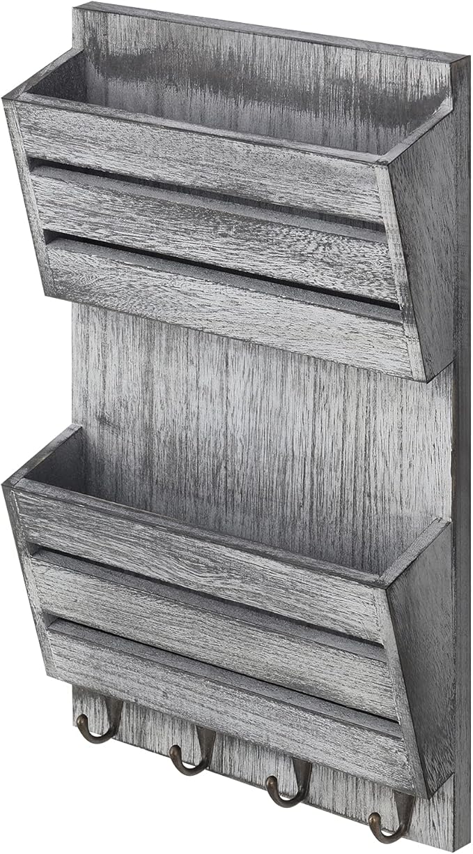 BTY Mail Sorter Wall Mounted, Wooden Mail Holder with 4 Key Hooks, 2 Slot Letter Bills Newspaper Magazine Organizer for Entry