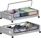 Under Bed Storage with Wheels, XXL 60L Under the Bed Storage Bins, Underbed Storage Containers with Lids & Label, Rolling Met