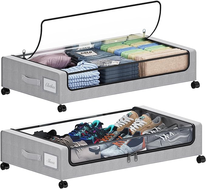 Under Bed Storage with Wheels, XXL 60L Under the Bed Storage Bins, Underbed Storage Containers with Lids & Label, Rolling Met