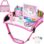 Kids Travel Tray for Toddler Carseat, Road Trip Activities Essentials for Toddler, Kids Lap Desk Tray with Tablet Holder Stand ＆ Dry Erase Board (Pink Unicorn)