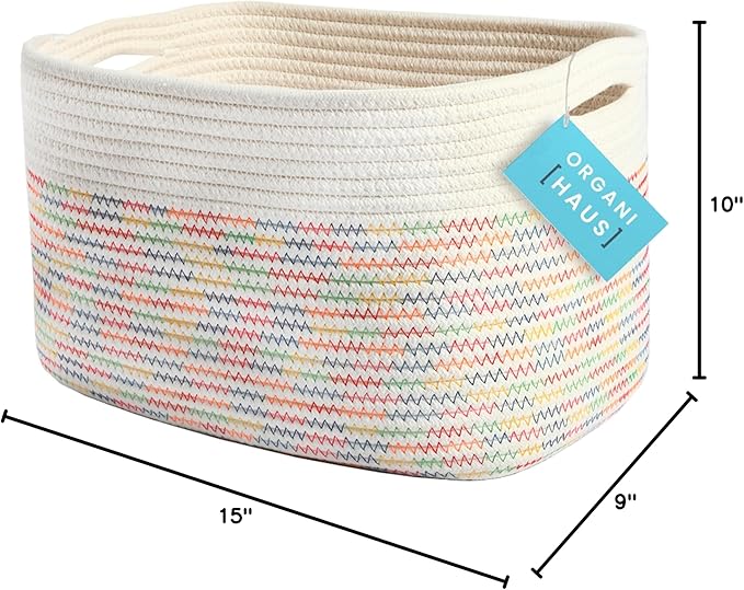 OrganiHaus Rainbow Basket - Colorful Woven Storage Basket for Playroom, Nursery & Classroom Decor & Toy Storage, Rainbow Stit