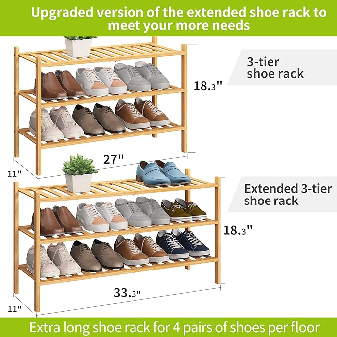 BMOSU 3-Tier Bamboo Extended Shoe Rack Premium Stackable Shoe Shelf Storage Organizer for Hallway Closet Living Room Entryway