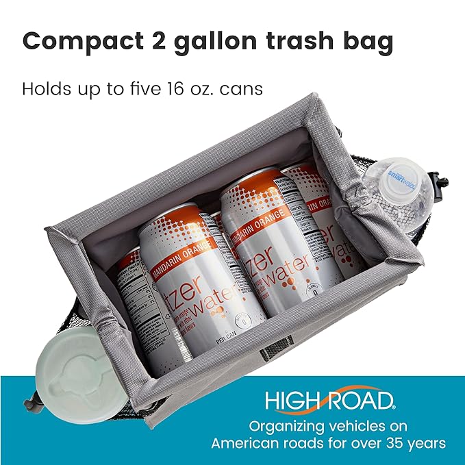 High Road Car Organizer with Car Trash Bin and Tissue Holder - Holds Full Size Tissue Box, Bottles and Wipe Containers - 2 Gal Leakproof Covered Trash Can with Push-Close Lid