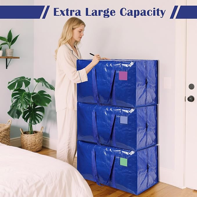 6 Pack Moving Bags with Full-Open Side Zipper, Extra Large 93L Heavy Duty Waterproof Foldable Storage Totes for College Dorm,